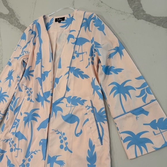 Lulus Tropical Flamingo Tree Print Duster Robe Womens Small Blush Pink/Blue Chic - Picture 4 of 9